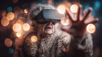 elderly woman wearing a vr headset reaching out her hand to explore a digital world with bokeh lights creating a warm and immersive atmosphere