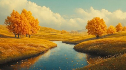 Autumnal landscape with golden trees and a meandering stream