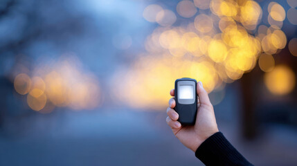 Hand holding light meter toward softly glowing holiday light bokeh with blurred background for photography