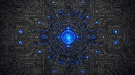 a symmetrical dark gray metallic panel with a central glowing blue orb surrounded by intricate blue circuitry and glowing blue nodes
