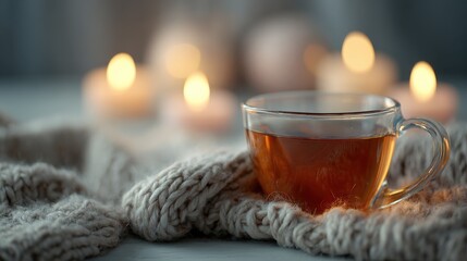clear glass cup of tea on soft knitted surface with lit candles