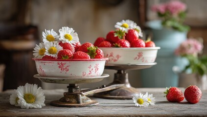 Ripe strawberries adorned with daisies arranged in bowls atop a vintage scale set on a weathered wood surface