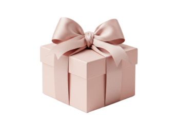 A photorealistic pale blush pink matte luxury square gift box, sharp focus on the voluminous reflective satin ribbon bow, transparent background. Concept of celebratory elegance