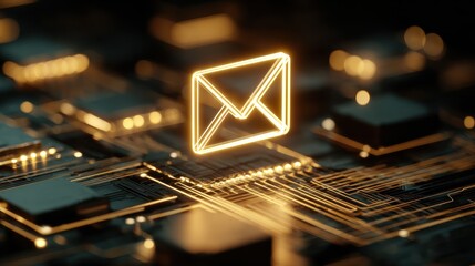 open email icon with glowing neon lines displays digital message on tech circuit board concept shows online communication information transfer data flow electronic mail newsletter marketing