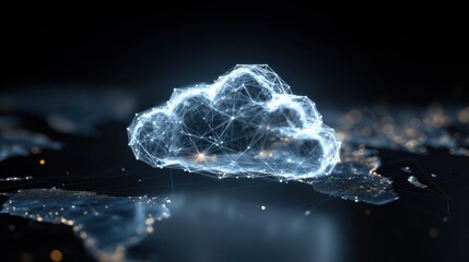 data transfer cloud computing technology there is a large prominent cloud icon in the center with internal connections and small icon on abstract world map polygon generative ai