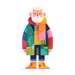 Man wearing a colorful scarf and jacket stands in front of a white background. The man's outfit is vibrant and eye-catching, and the scarf adds a pop of color to his ensemble