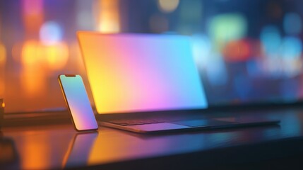 modern workspace with illuminated smartphone and laptop reflecting vibrant colorful lights creating a futuristic and creative atmosphere in soft focus background
