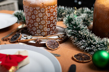 Detail of a table with Christmas decorations.