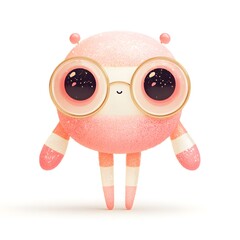 Cartoon character with glasses and a pink body stands on a white background. The character has a happy expression and he is looking up at the sky