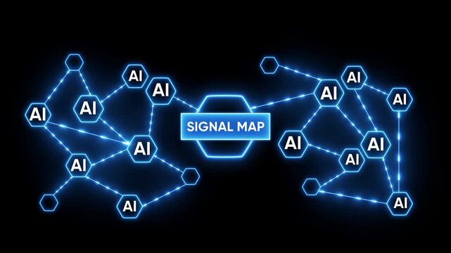 Abstract glowing blue network of AI nodes and connections with a central signal map on a dark background