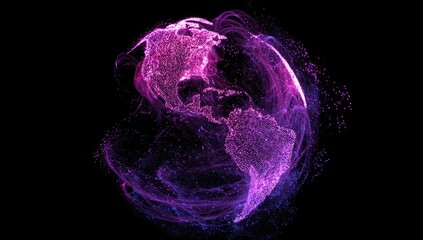 Abstract earth globe made of glowing particles, swirling in space on black