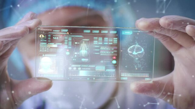 Medical worker wearing gloves holding holographic diagnostic panel. Display showing central nervous system data and patient indicators. Futuristic medical interface glowing in bright environment.