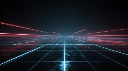 a dark futuristic grid with glowing neon lines creating a sense of depth and perspective in a cyberpunk style