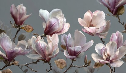 Magnolia blossoms, soft pink petals gracefully unfurl against a muted gray backdrop, branches subtly supporting the blooms