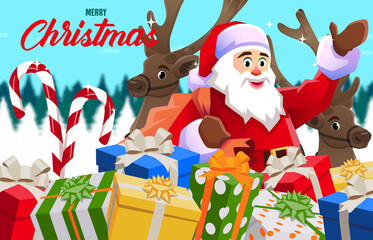 Christmas background with presents lying in the snow. In the background, Santa Claus waves with his reindeer. On the left is the inscription &ldquo;Merry Christmas.&rdquo; Festive mood.