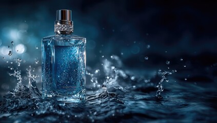 Aqua-toned perfume bottle amidst splashing water, bokeh background, creating a serene & luxurious atmosphere