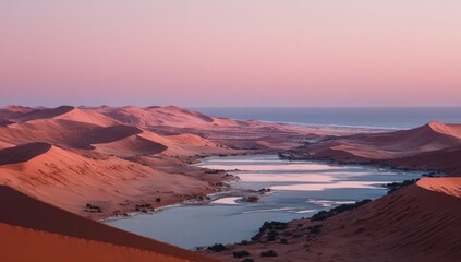 Arid desert scene with rippling dunes, sparse greenery, and a pale lake under a pastel pink sky at dawn or dusk