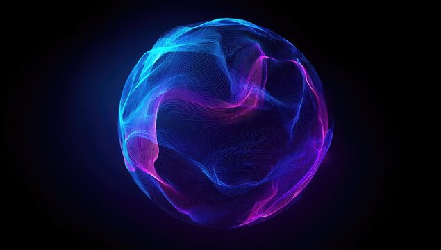 Glowing orb of swirling blue and purple energy floats against a stark black background, ethereal and dynamic - Powered by Adobe