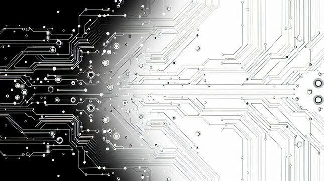 A digital circuit board with a striking split design, symbolizing the interplay of contrasting elements