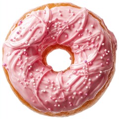 A donut with pink icing and white/purple sprinkles, isolated on a white background