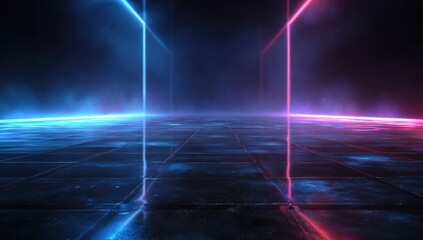 Neon-lit tiled floor reflecting glowing blue and pink lines in a dark, atmospheric room