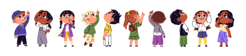 Cute diverse children look up set. Happy and amazed kids are pointing fingers upward. Funny, curious little boys and girls see in the sky. Flat isolated vector illustrations on white background.