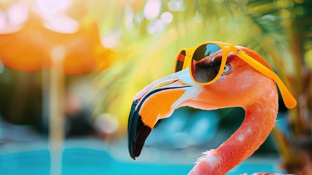 A flamingo is standing in front of a pool wearing yellow sunglasses. The flamingo is wearing a pair of sunglasses that are yellow in color