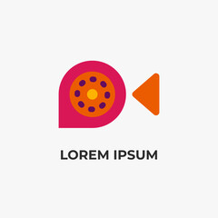 A simple, unique video camera logo in pink and orange. Perfect for video production branding or filmmaking company logos