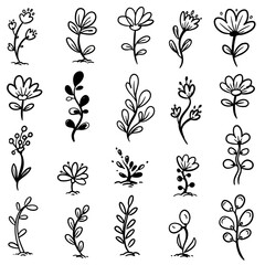 Charming collection of abstract botanical vector line art illustrations, featuring hand-drawn simple designs of various floral and foliage elements, perfect for decorative projects
