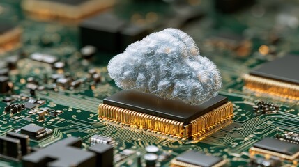 cloud computing concept abstract closeup of a digital cloud icon hovering over a complex circuit board symbolizing the power and connectivity of cloud computing technology