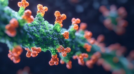 A close-up view of a virus structure, showcasing vibrant orange spikes and green body, emphasizing its intricate details and scientific significance.