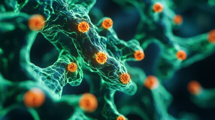 A vibrant, close-up view of a cellular structure, showcasing intricate details and bright orange elements against a green background.