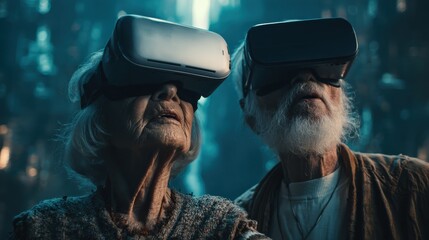 elderly couple wearing vr headsets experience digital world seniors explore virtual reality with amazement excitement old people interact with futuristic tech digital innovation enjoy gaming