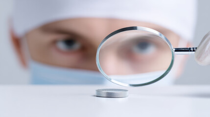 Technician examining sensor chip with magnifying glass, focused on detailed inspection in laboratory setting