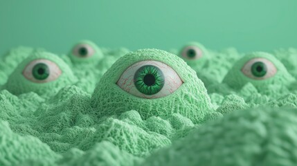 A surreal landscape featuring green, textured forms resembling eyes emerging from soft, wavy terrain, creating an otherworldly atmosphere.