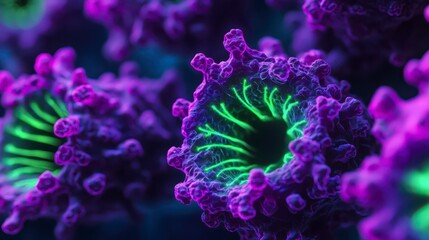 A vibrant close-up of microscopic structures, showcasing intricate patterns and glowing elements in shades of purple and green.