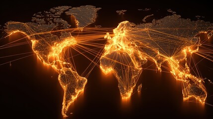 global digital communication and data transfer visualized by glowing orange network connections spanning continents on a detailed illuminated world map background