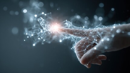 hand interacts with digital network graph pointing to glowing node future tech global connection data flow modern innovation artificial intelligence metaverse concept abstract virtual reality