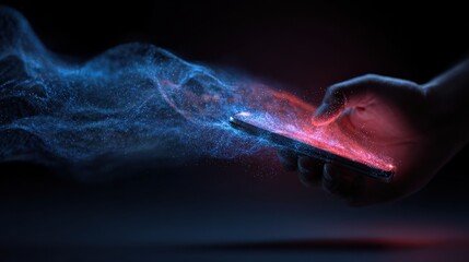 hand holds smartphone emitting digital particles representing abstract data flow communication modern device connected to cyberspace with glowing blue red light streams futuristic ai technology
