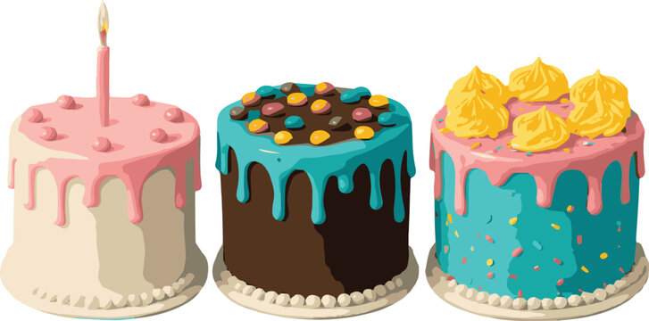 Three Colorful Drip Birthday Cakes