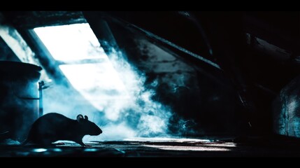 Silhouette of rat in dark attic with blue light beams through window. Mysterious spooky abandoned atmosphere suitable for horror or pest control concepts.