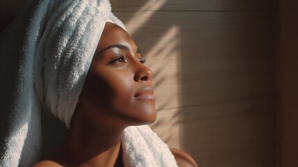 Fototapeta premium Black woman in serene spa corner with warm natural light