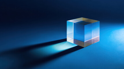 Transparent cube elevated on thin shadow line symbolic precision with blue light background