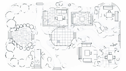 Detailed Architectural Floor Plan Blueprint with House Layout and Landscaping Vector