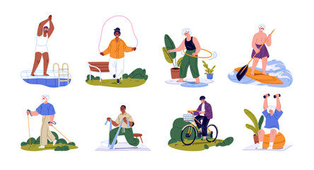 Fototapeta premium Elderly people do sports set. Seniors do physical exercises with resistance band, bike, dumbbells and sup board. Old men and women are training, do workout. Flat isolated vector illustrations on white
