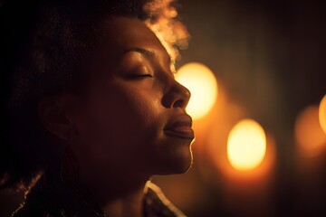Black woman enjoying peaceful silence with warm candlelight