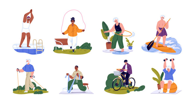 Elderly people do sports set. Seniors do physical exercises with resistance band, bike, dumbbells and sup board. Old men and women are training, do workout. Flat isolated vector illustrations on white