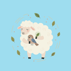 Fluffy cartoon sheep holding a small bird and a green leaf, surrounded by swirling leaves and dots in a simple nature and spring-themed vector design.