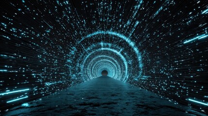 traversing a glowing digital data tunnel with flying particles