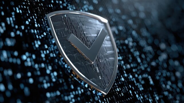 cybersecurity shield with checkmark for data protection and network security with binary code background - Powered by Adobe